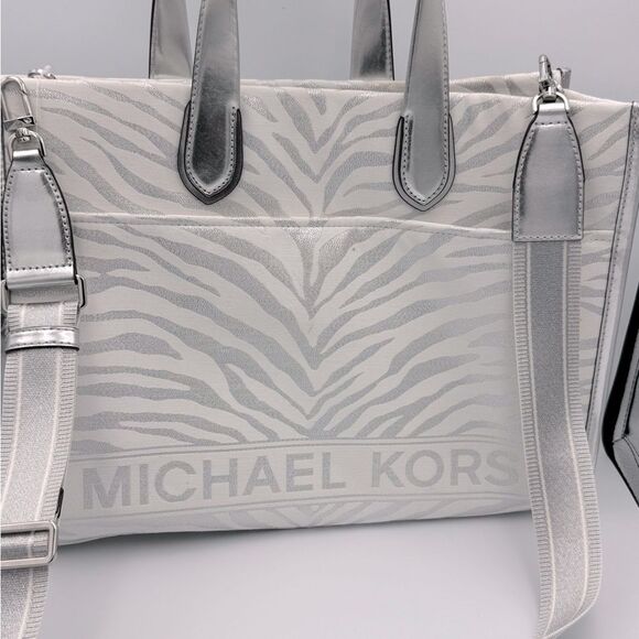 Michael Kors Silver Metallic Gigi Zebra Print Large Grab Tote Bag purse NWT - Picture 6 of 16